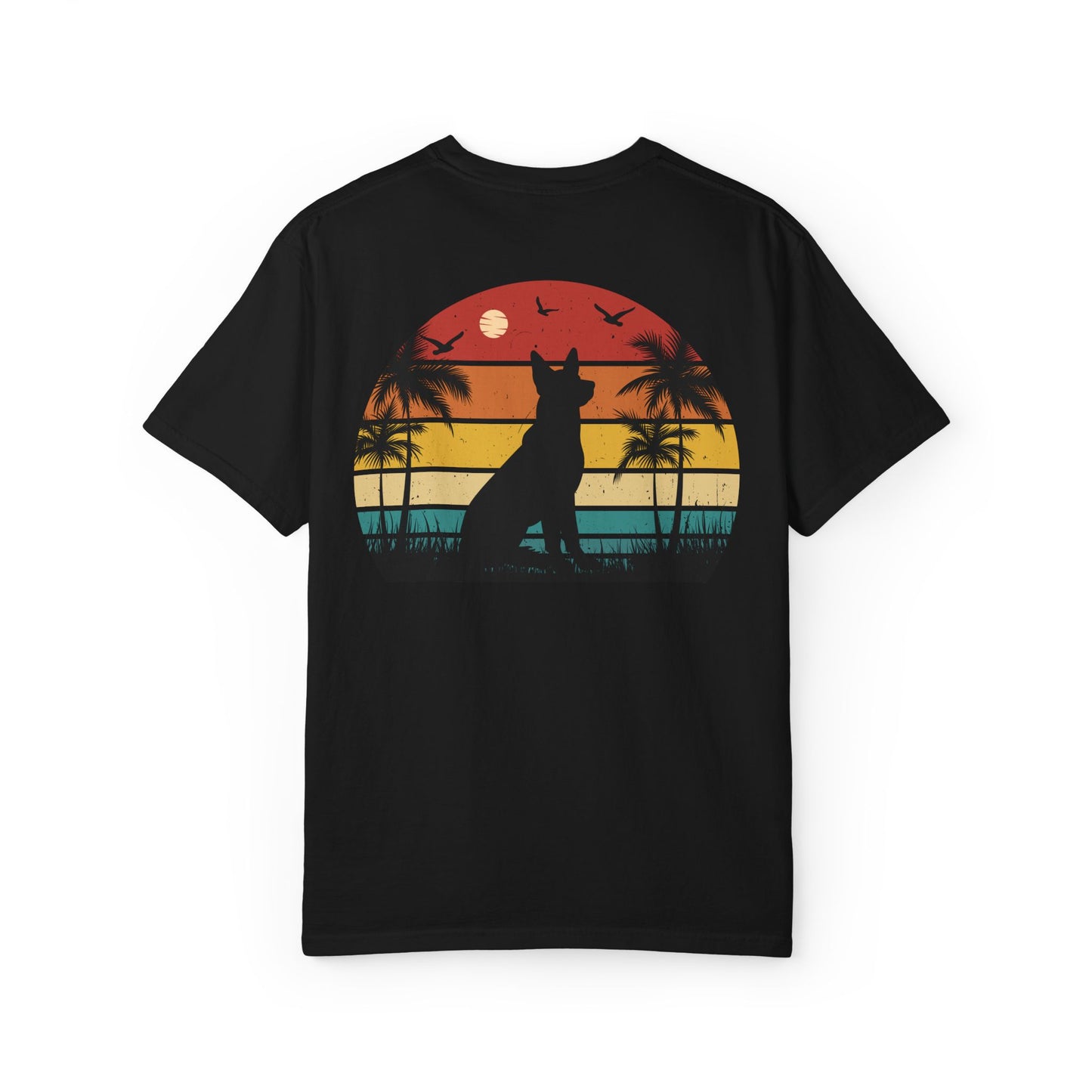 Sunset Palms Unisex Garment-Dyed T-Shirt with Dog Design