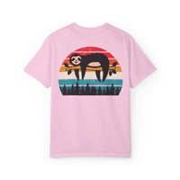 Chill Vibes Unisex Garment-Dyed T-Shirt - Retro Sloth & Sunset Design