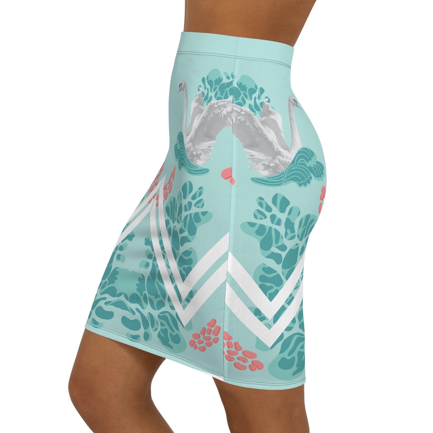 Elegant Swan Print Mid-Waist Pencil Skirt - Chic & Stylish Women's Fashion
