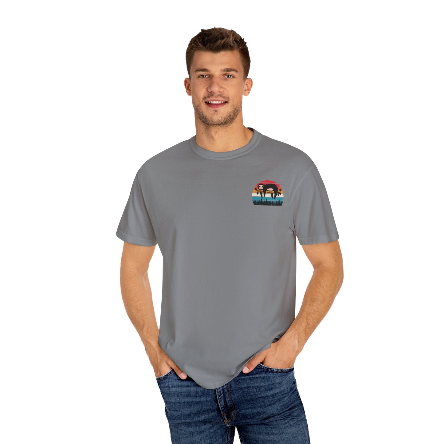 Chill Vibes Unisex Garment-Dyed T-Shirt - Retro Sloth & Sunset Design