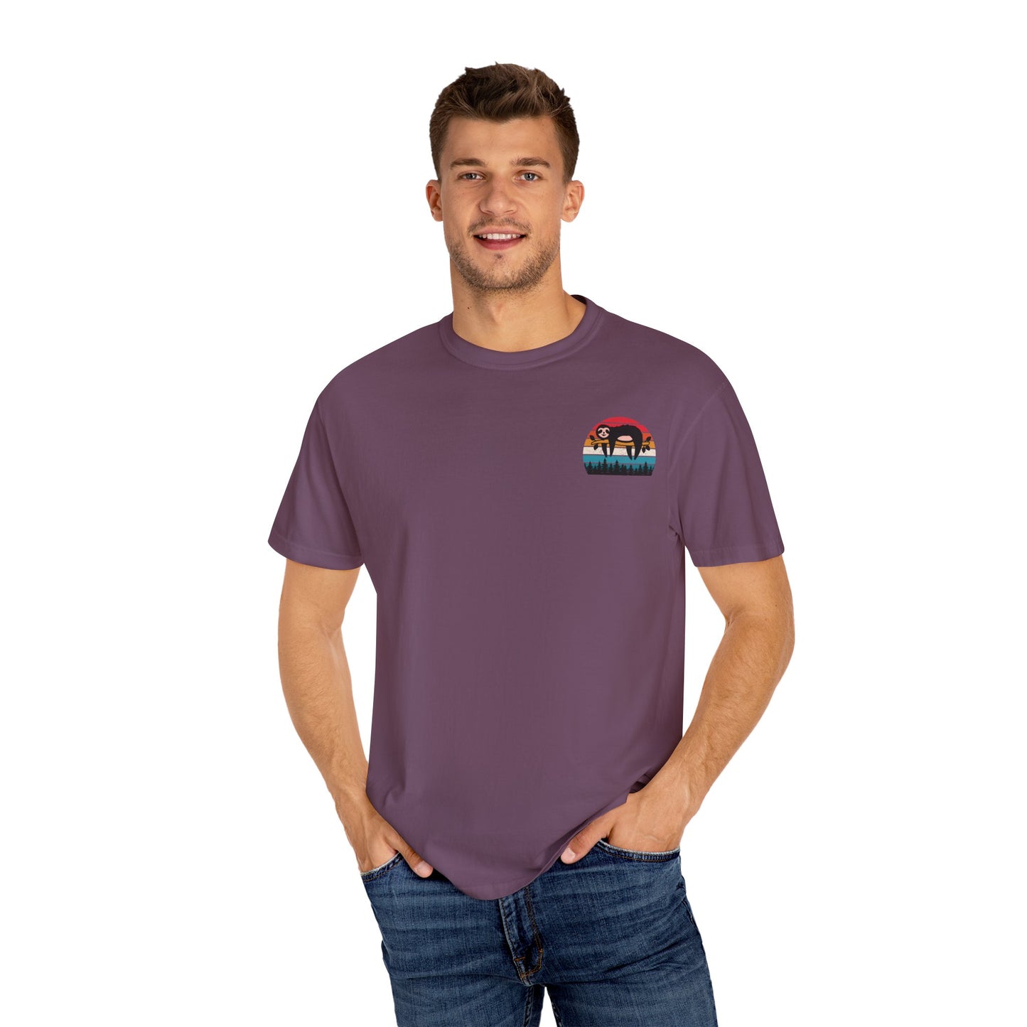 Chill Vibes Unisex Garment-Dyed T-Shirt - Retro Sloth & Sunset Design