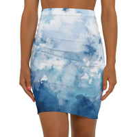 Ocean Breeze Women's Mid-Waist Pencil Skirt - Stylish Blue Cloud Print