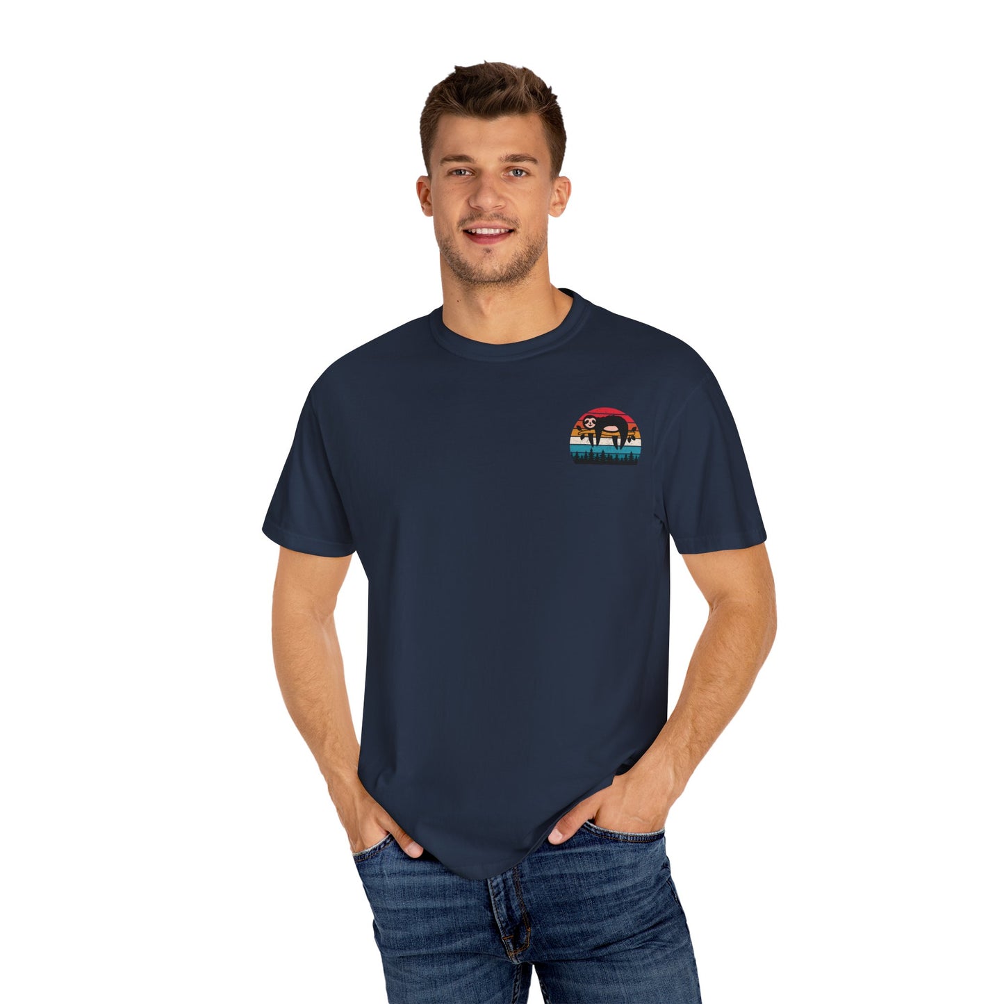Chill Vibes Unisex Garment-Dyed T-Shirt - Retro Sloth & Sunset Design