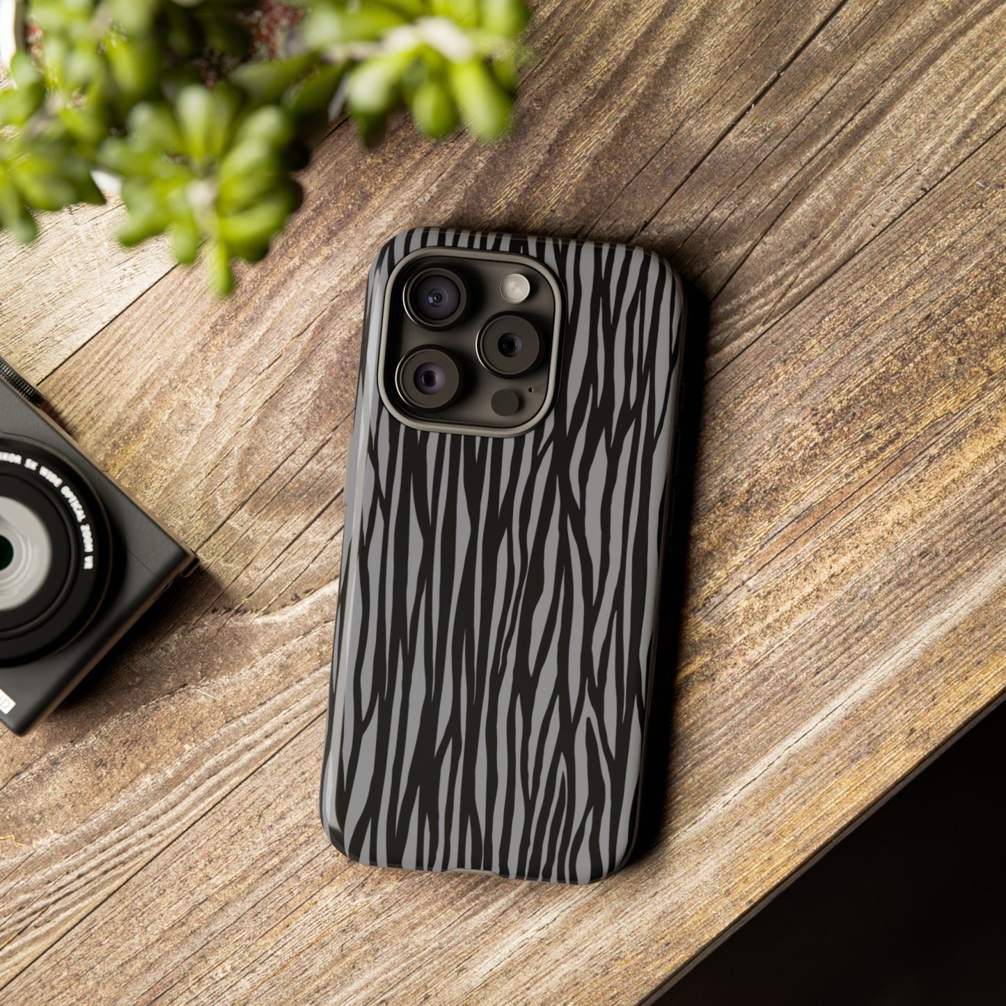 Stylish Tough Phone Case - Black and Gray Striped Design