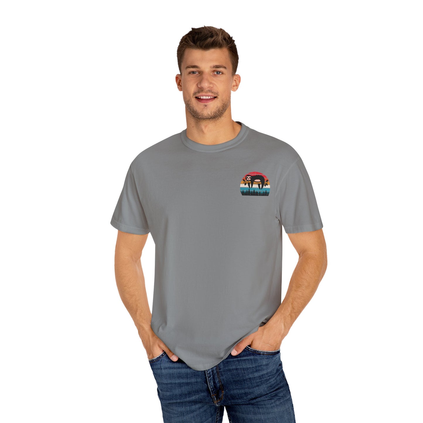 Chill Vibes Unisex Garment-Dyed T-Shirt - Retro Sloth & Sunset Design