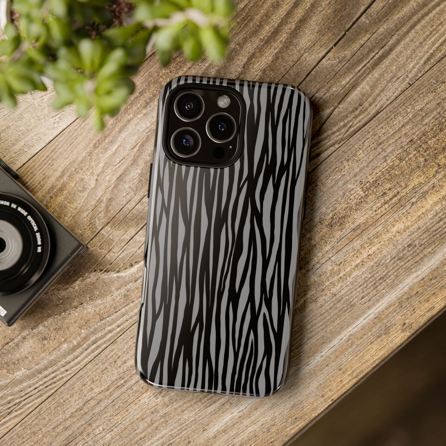 Stylish Tough Phone Case - Black and Gray Striped Design
