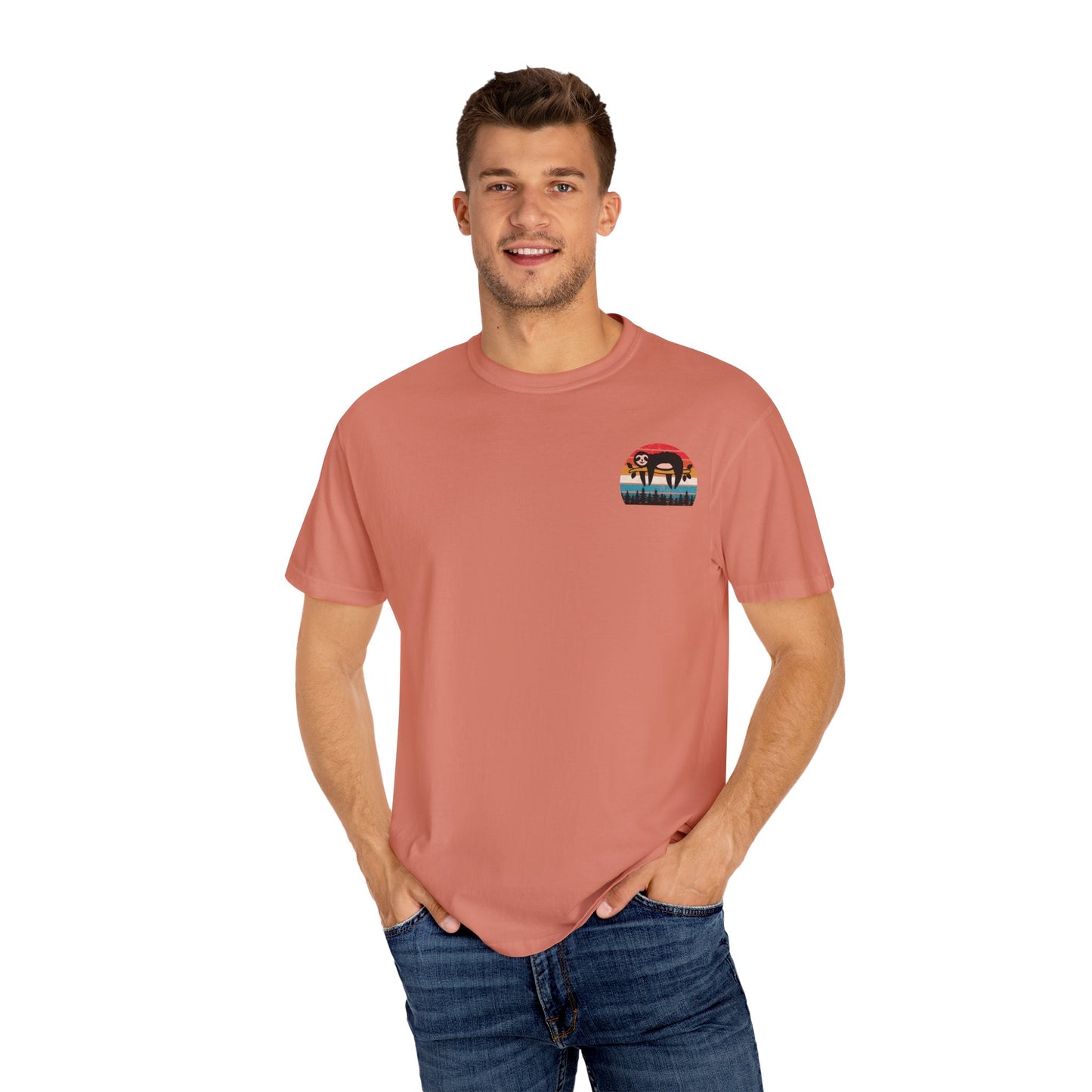Chill Vibes Unisex Garment-Dyed T-Shirt - Retro Sloth & Sunset Design