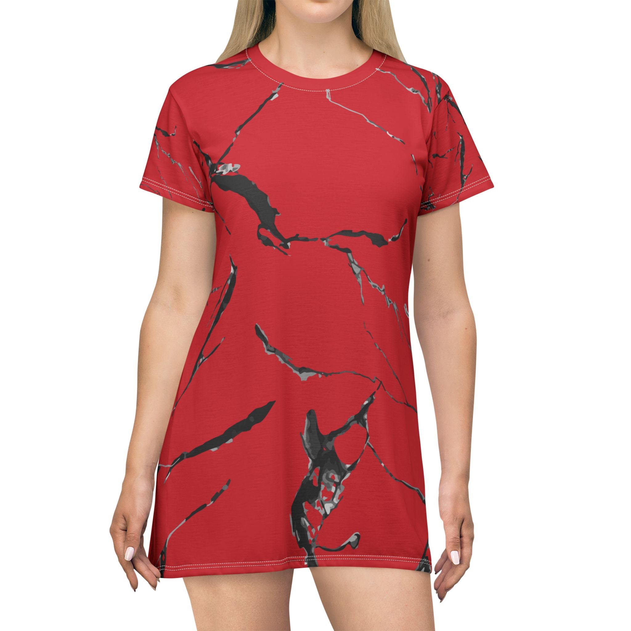 Vibrant Red Marble T-Shirt Dress, Casual Dress, Summer Outfit, Everyday Wear, Gift for Her