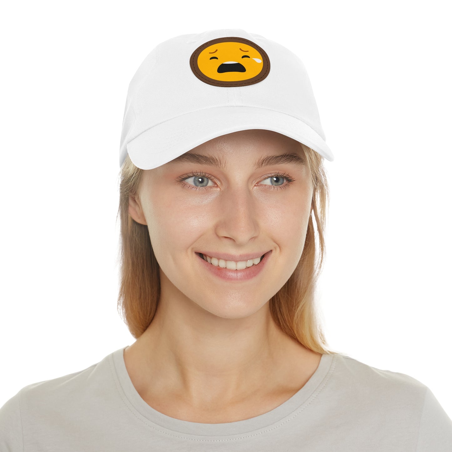 Emotional Dad Hat with Leather Patch - Sad Emoji Cap for Everyday Wear