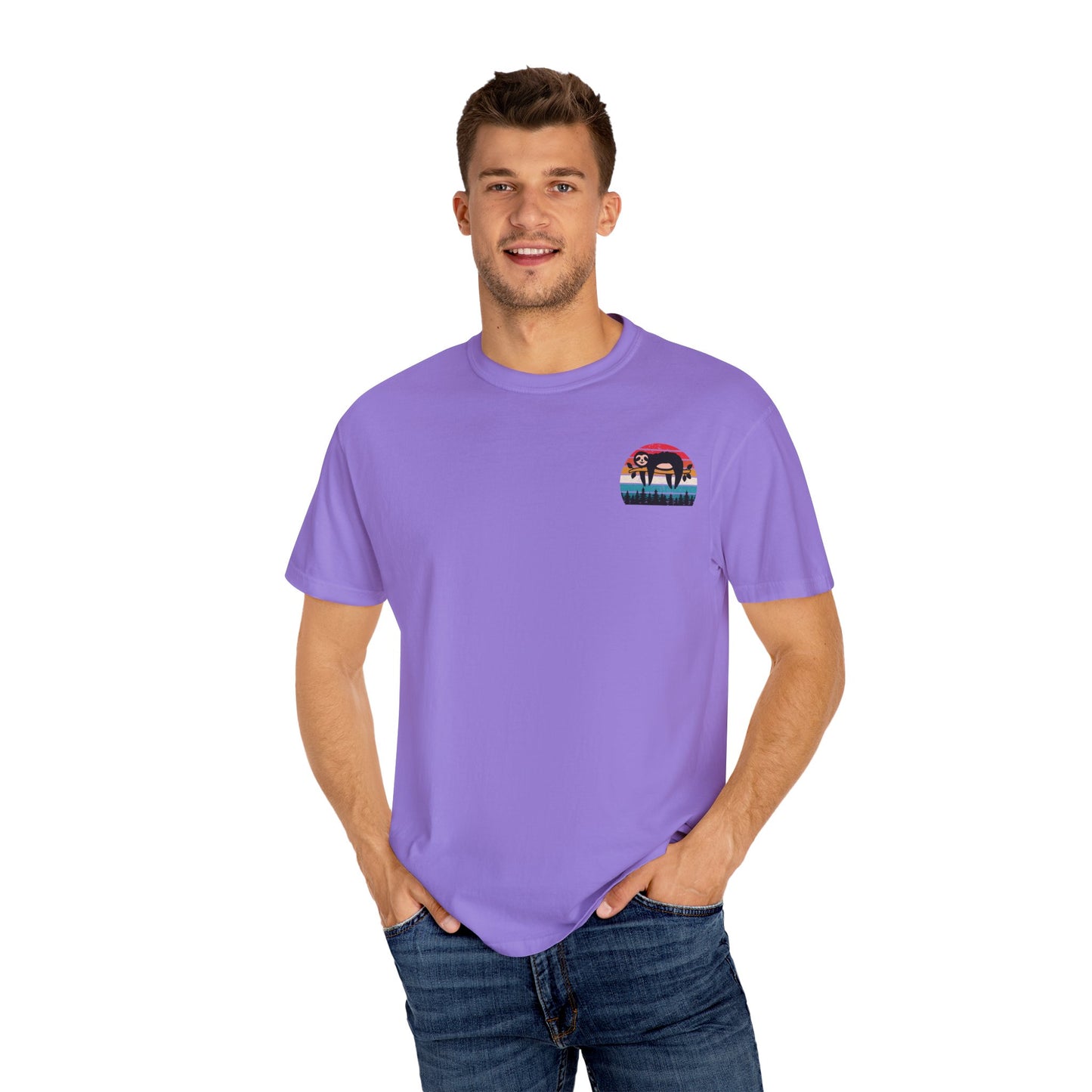 Chill Vibes Unisex Garment-Dyed T-Shirt - Retro Sloth & Sunset Design