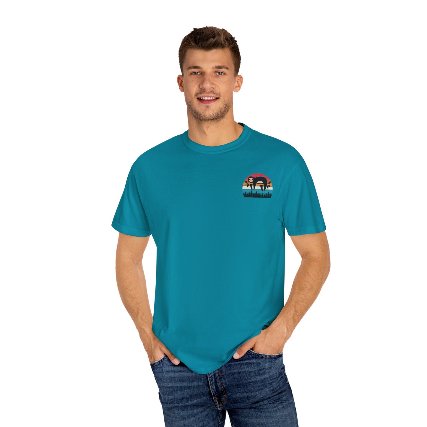 Chill Vibes Unisex Garment-Dyed T-Shirt - Retro Sloth & Sunset Design