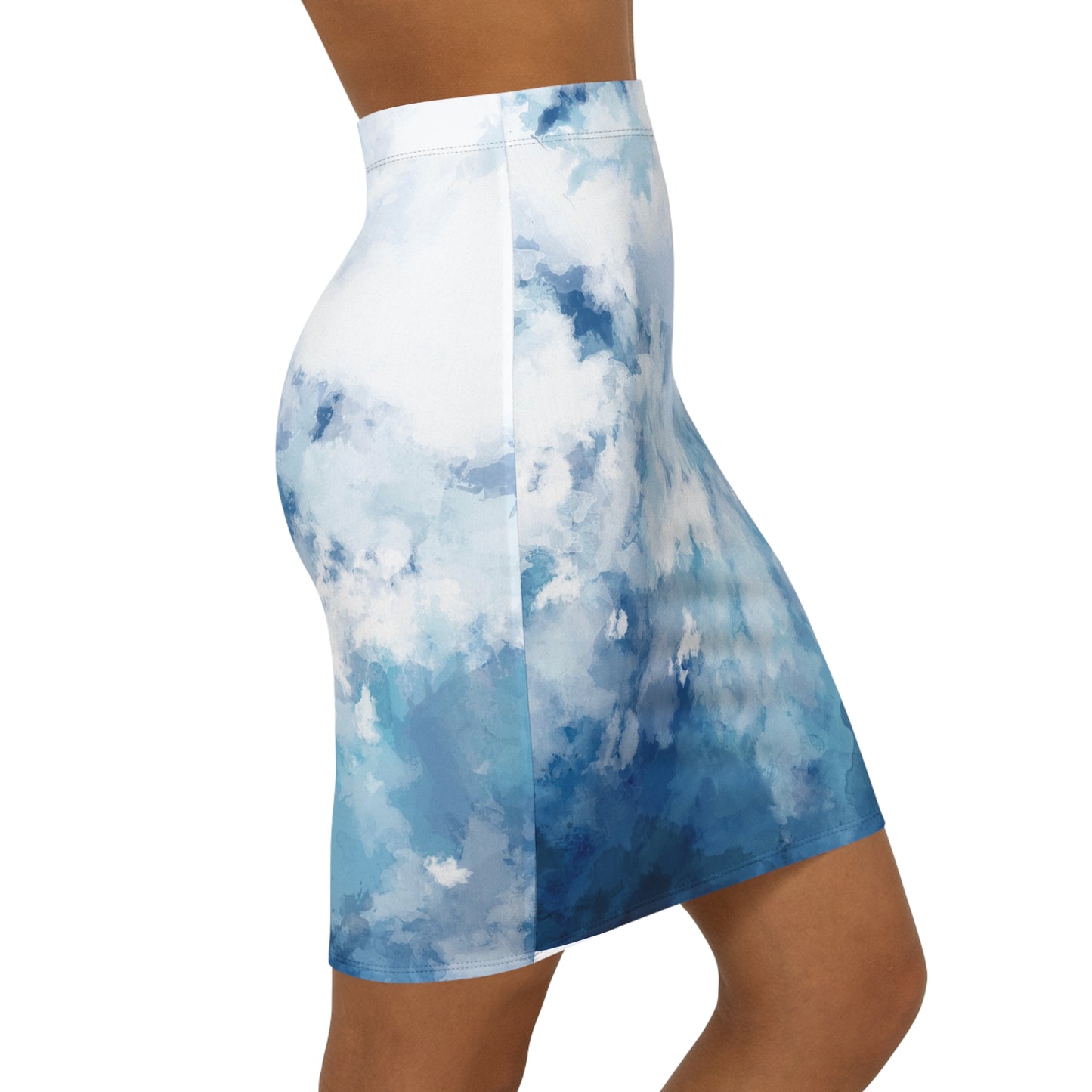 Ocean Breeze Women's Mid-Waist Pencil Skirt - Stylish Blue Cloud Print