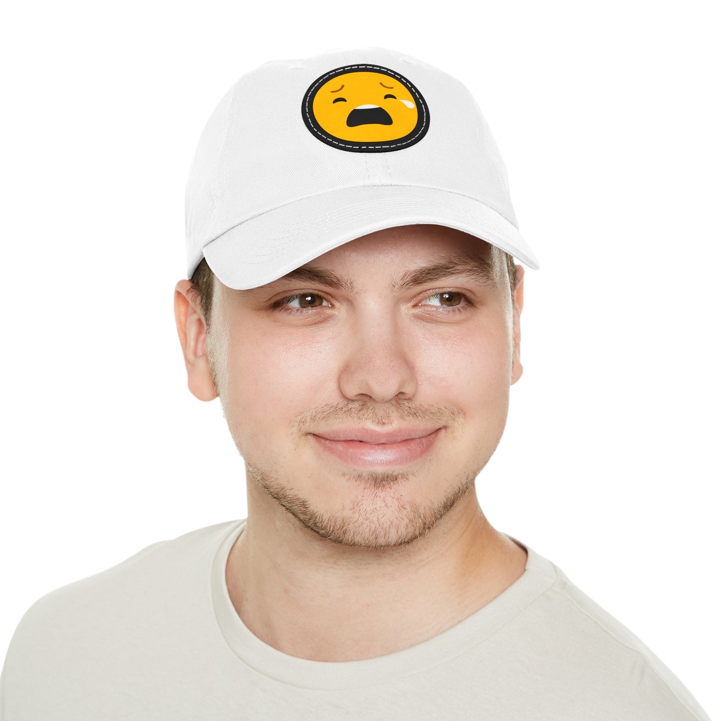 Emotional Dad Hat with Leather Patch - Sad Emoji Cap for Everyday Wear