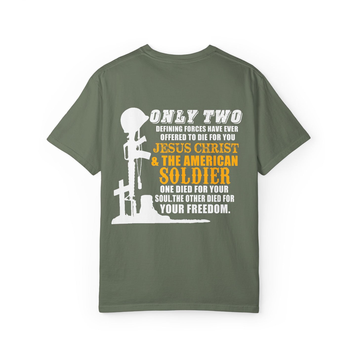 Inspirational Unisex Garment-Dyed T-Shirt - Jesus Christ & American Soldier Design