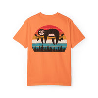 Chill Vibes Unisex Garment-Dyed T-Shirt - Retro Sloth & Sunset Design