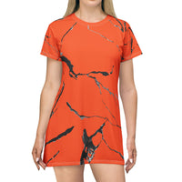 Bold Orange Marble T-Shirt Dress | Casual Chic, Summer Fashion, Everyday Wear, Gift for Her, Trendy Outfit
