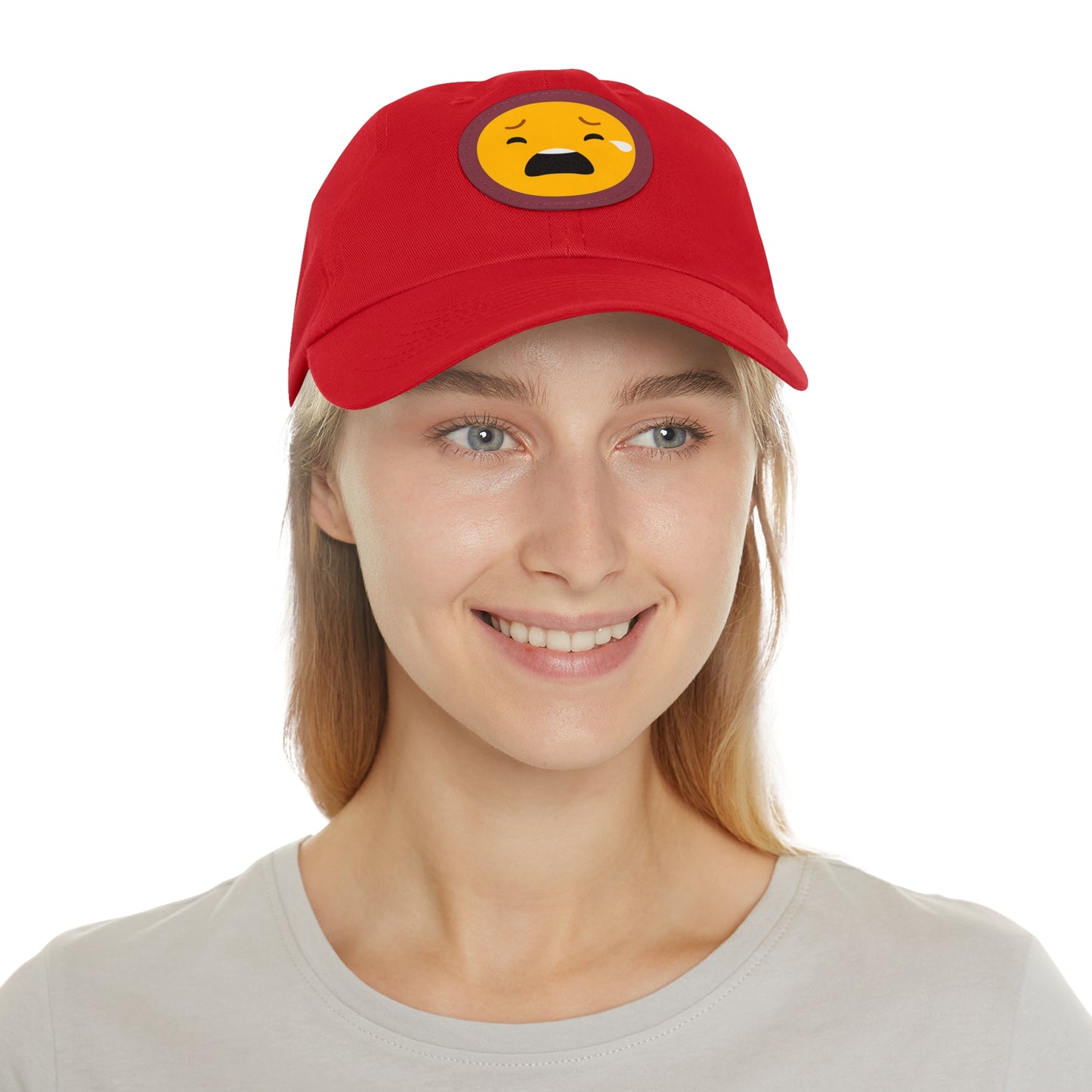 Emotional Dad Hat with Leather Patch - Sad Emoji Cap for Everyday Wear