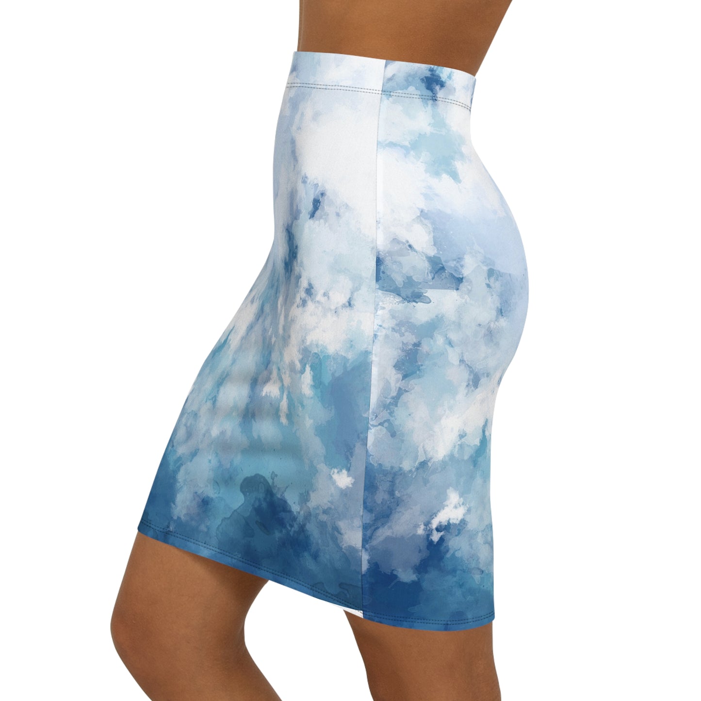 Ocean Breeze Women's Mid-Waist Pencil Skirt - Stylish Blue Cloud Print