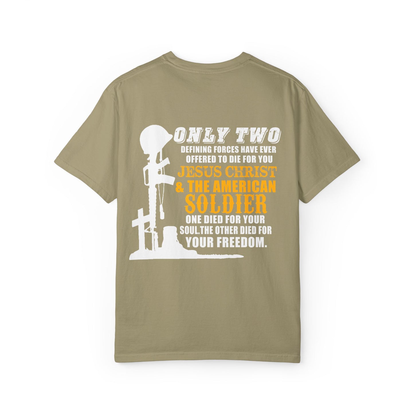 Inspirational Unisex Garment-Dyed T-Shirt - Jesus Christ & American Soldier Design