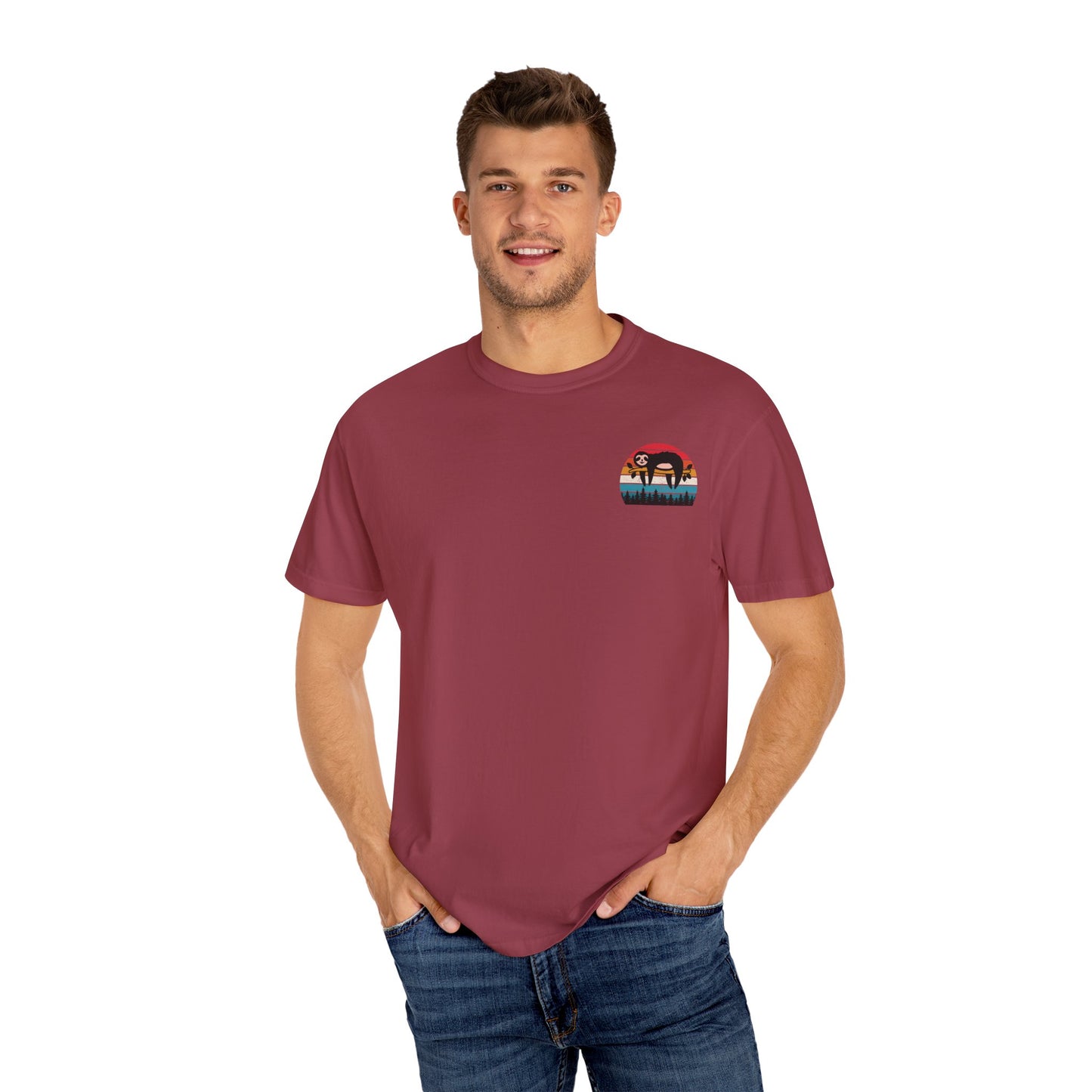 Chill Vibes Unisex Garment-Dyed T-Shirt - Retro Sloth & Sunset Design
