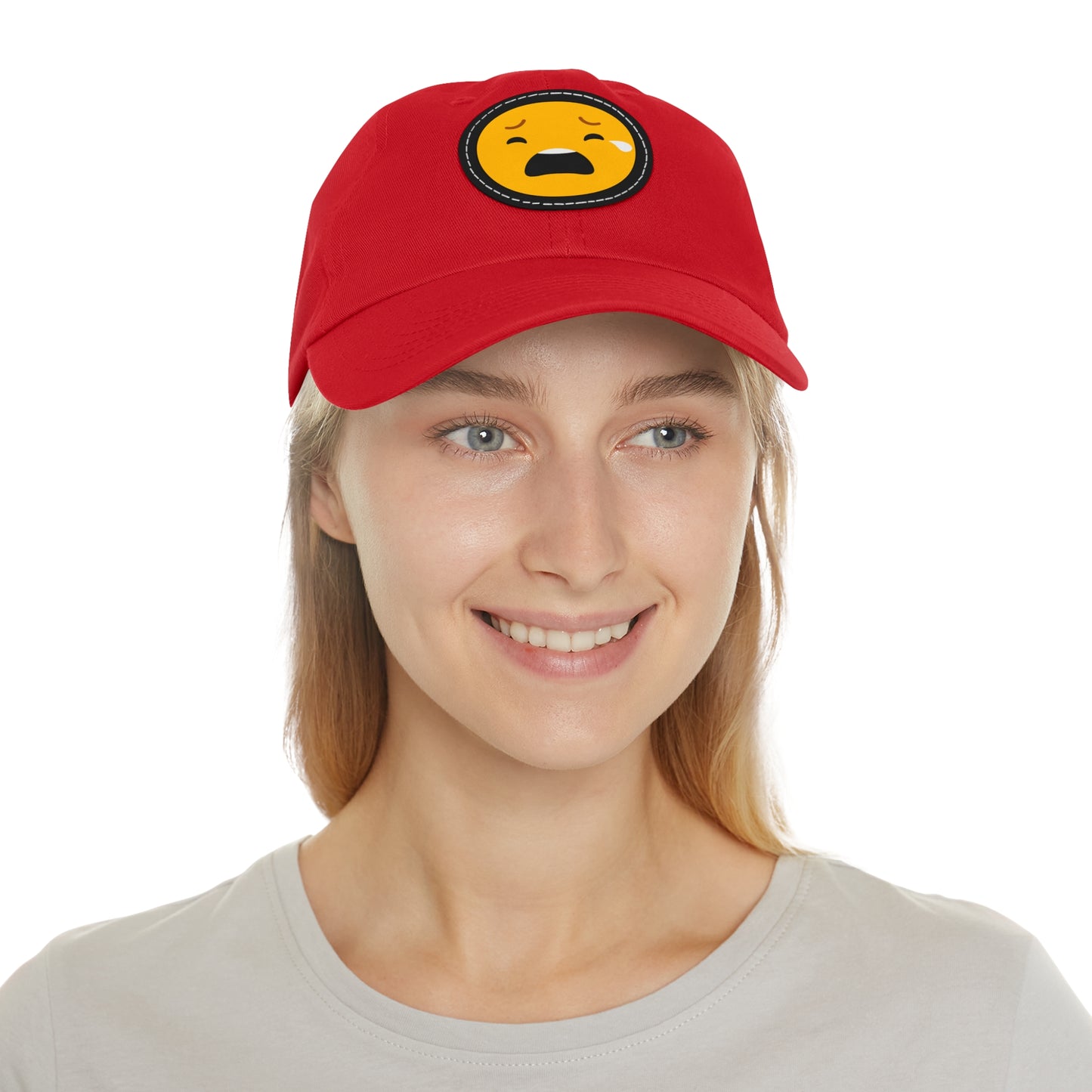 Emotional Dad Hat with Leather Patch - Sad Emoji Cap for Everyday Wear