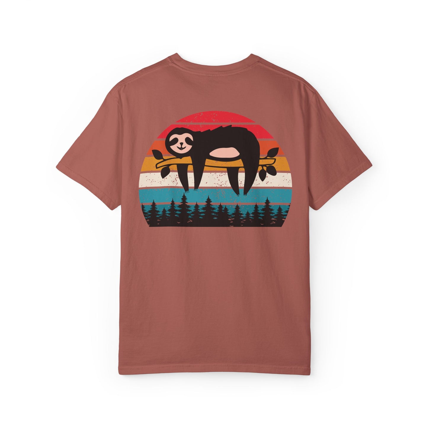 Chill Vibes Unisex Garment-Dyed T-Shirt - Retro Sloth & Sunset Design