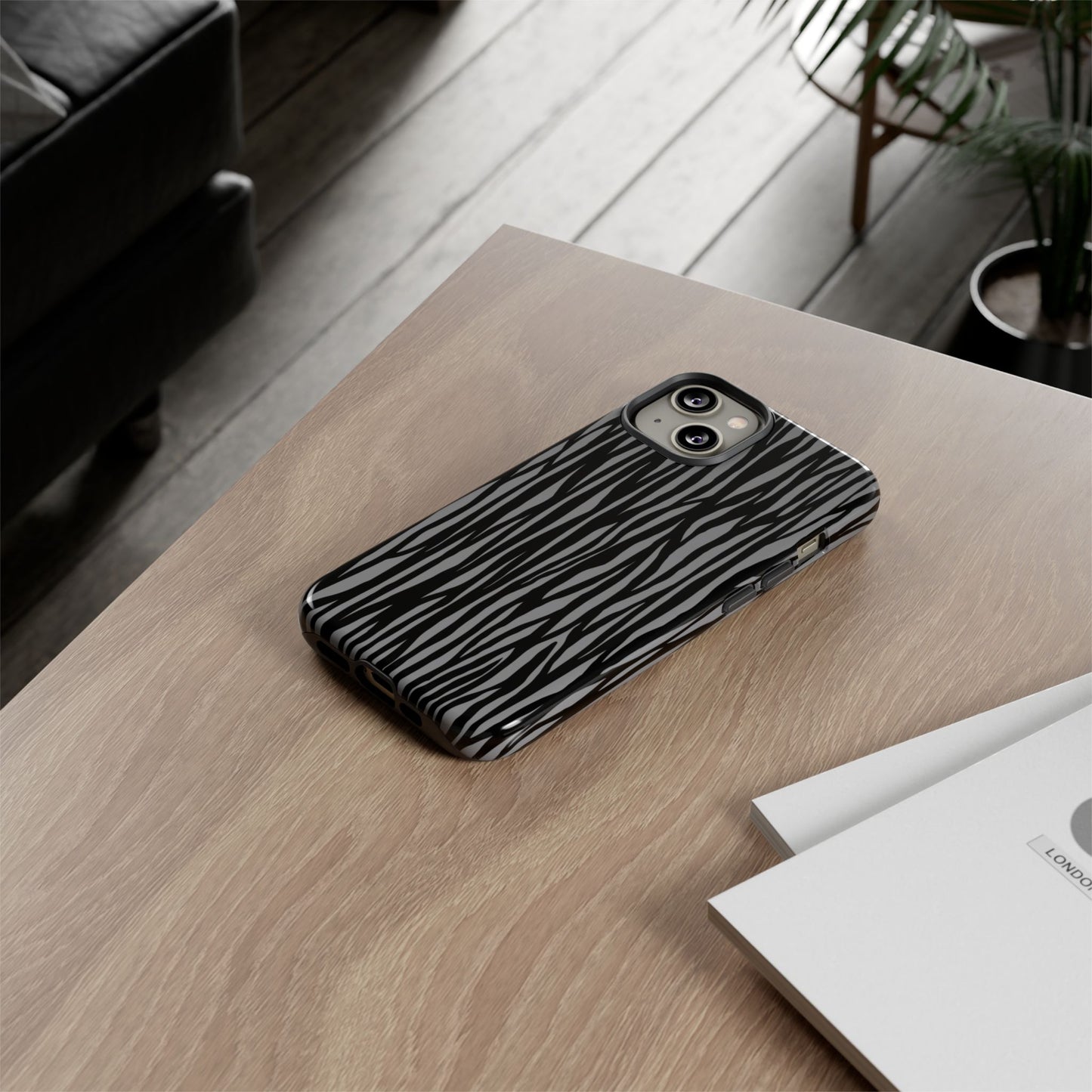 Stylish Tough Phone Case - Black and Gray Striped Design