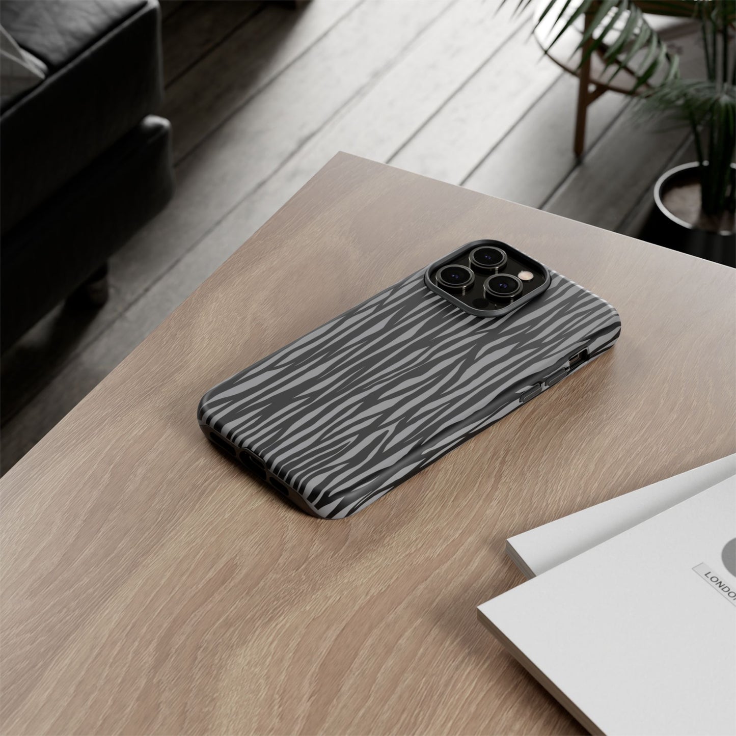 Stylish Tough Phone Case - Black and Gray Striped Design