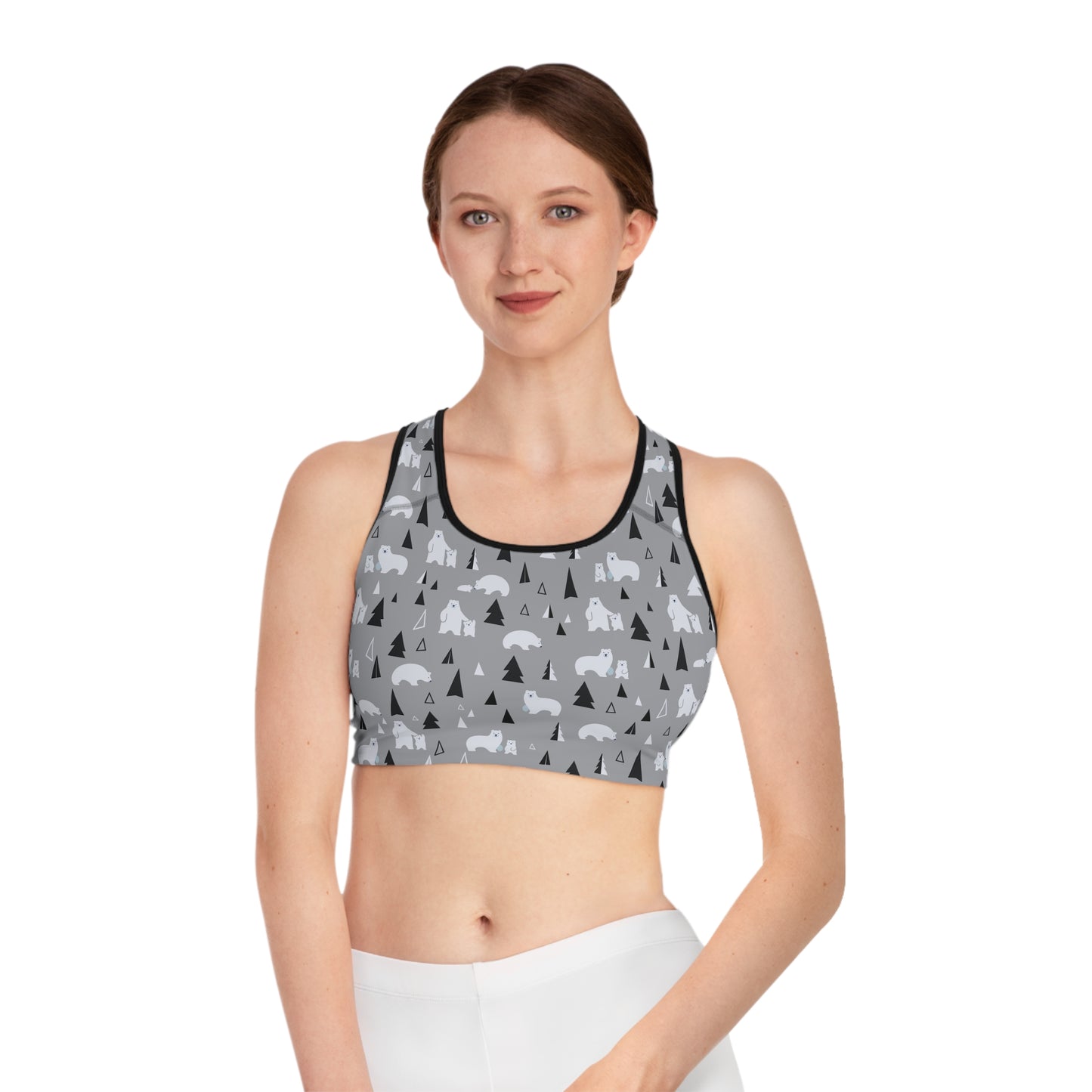 Adventure-Ready Sports Bra with Bear and Tree Print