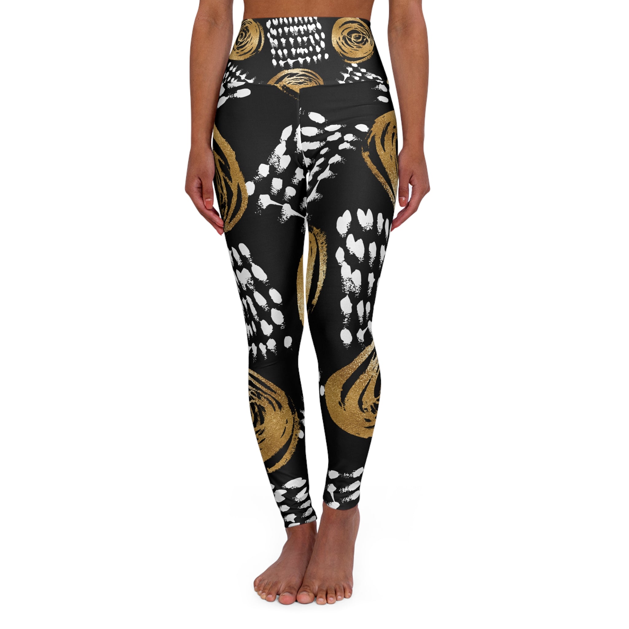 Chic High Waisted Yoga Leggings with Gold Floral Design