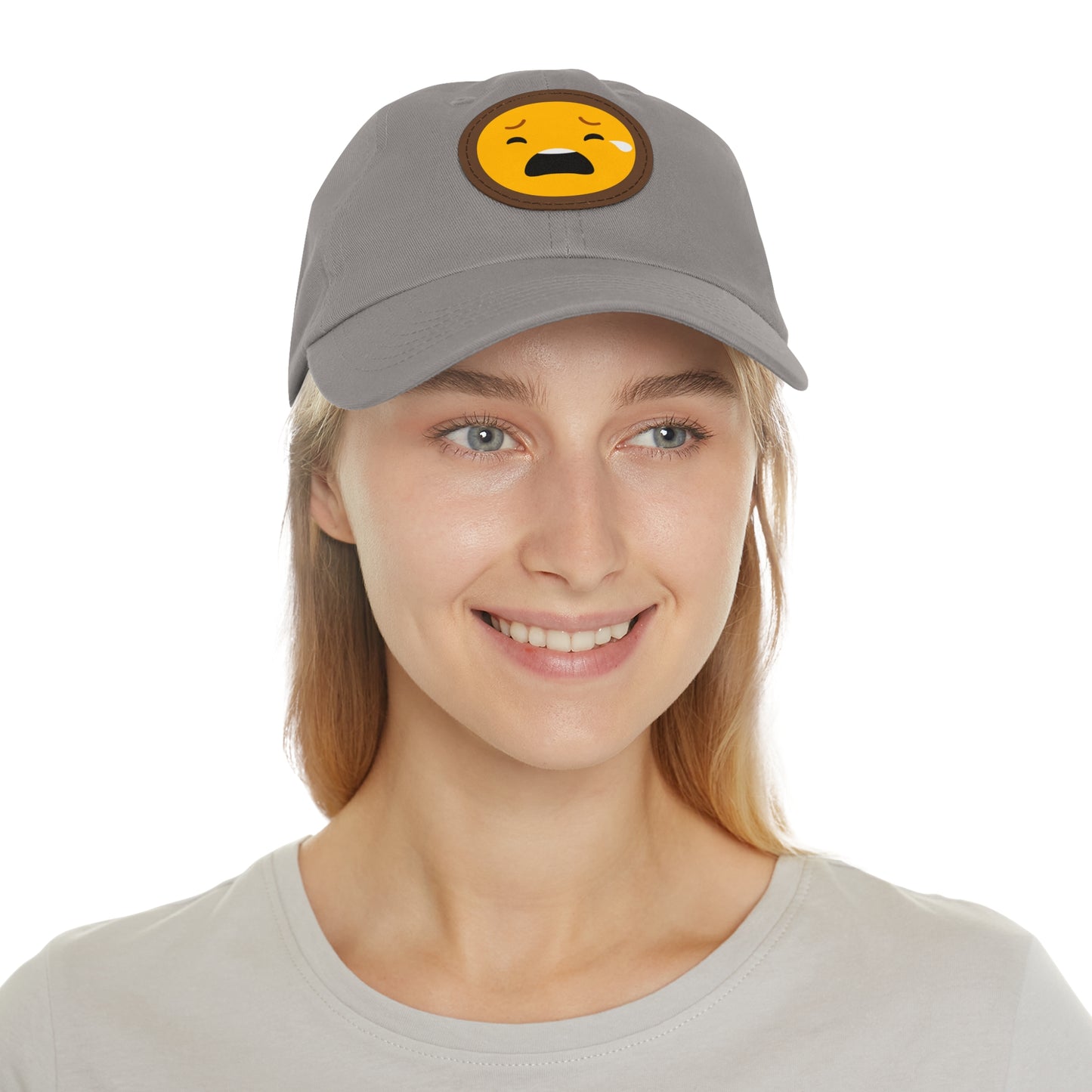 Emotional Dad Hat with Leather Patch - Sad Emoji Cap for Everyday Wear