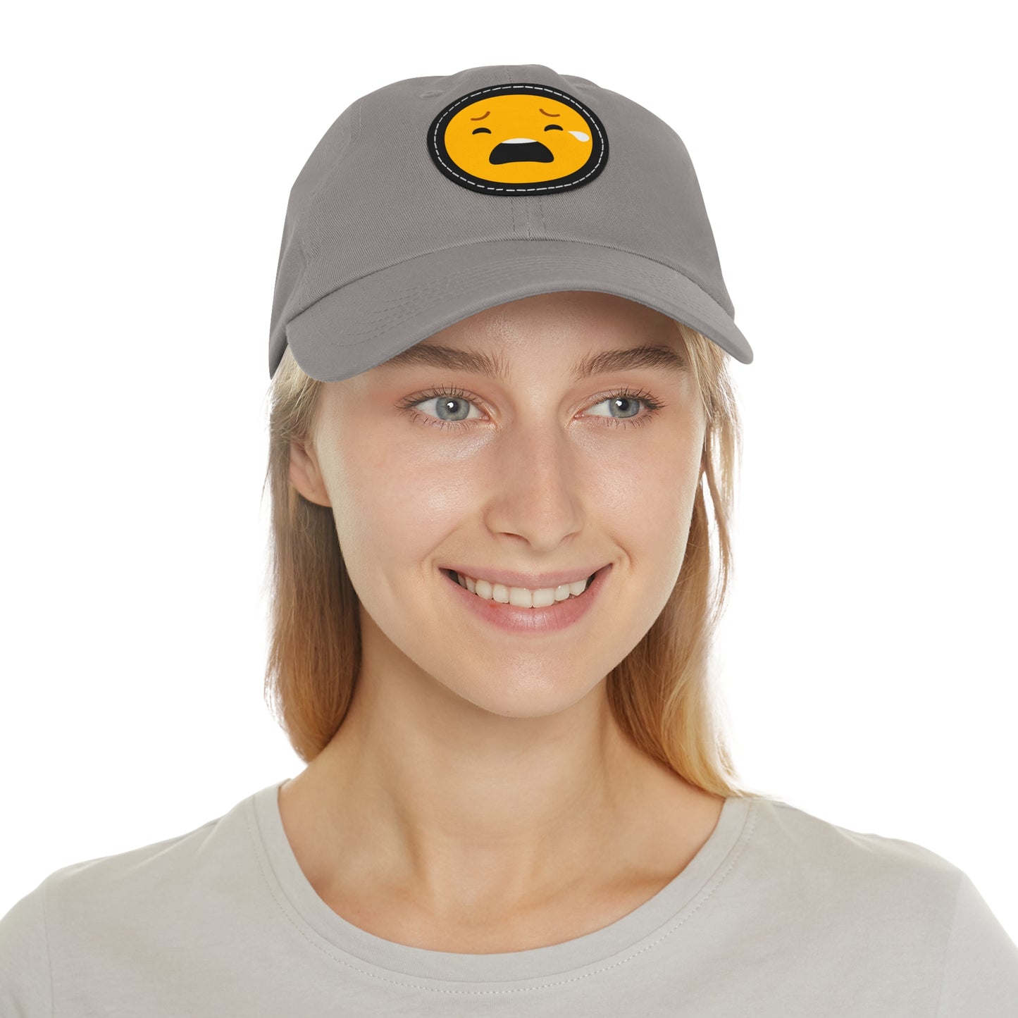 Emotional Dad Hat with Leather Patch - Sad Emoji Cap for Everyday Wear