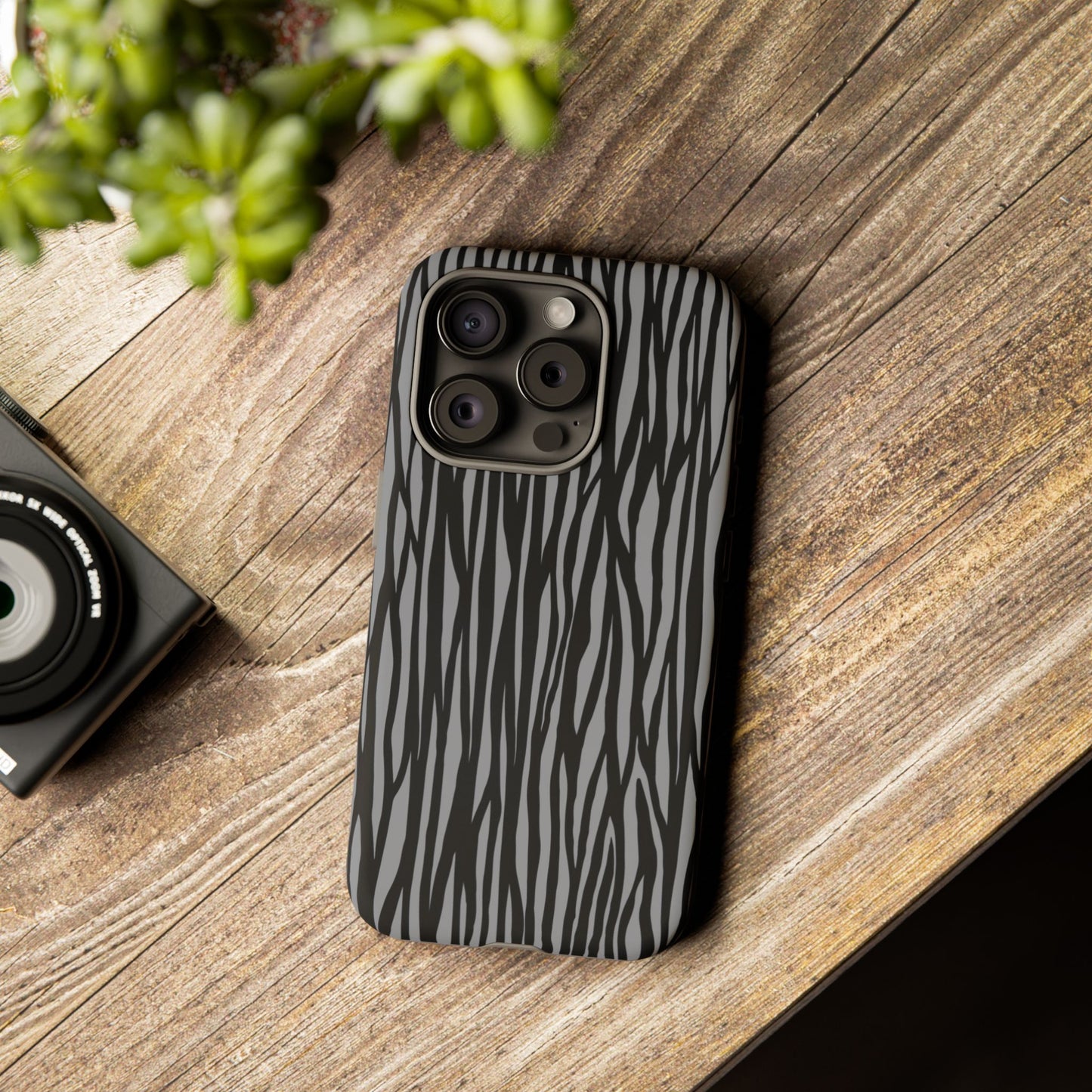 Stylish Tough Phone Case - Black and Gray Striped Design