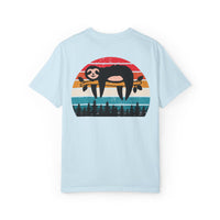 Chill Vibes Unisex Garment-Dyed T-Shirt - Retro Sloth & Sunset Design