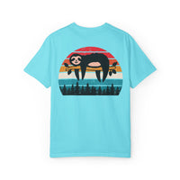 Chill Vibes Unisex Garment-Dyed T-Shirt - Retro Sloth & Sunset Design