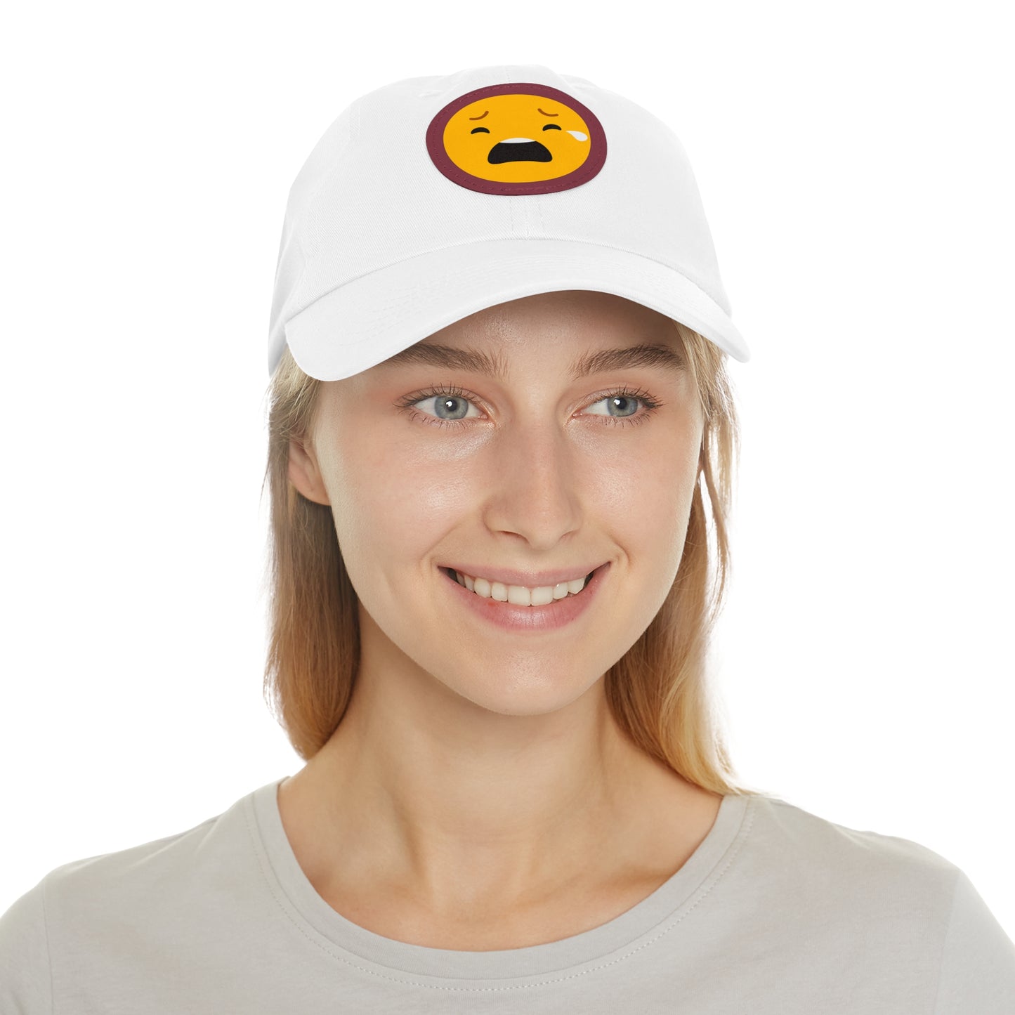 Emotional Dad Hat with Leather Patch - Sad Emoji Cap for Everyday Wear
