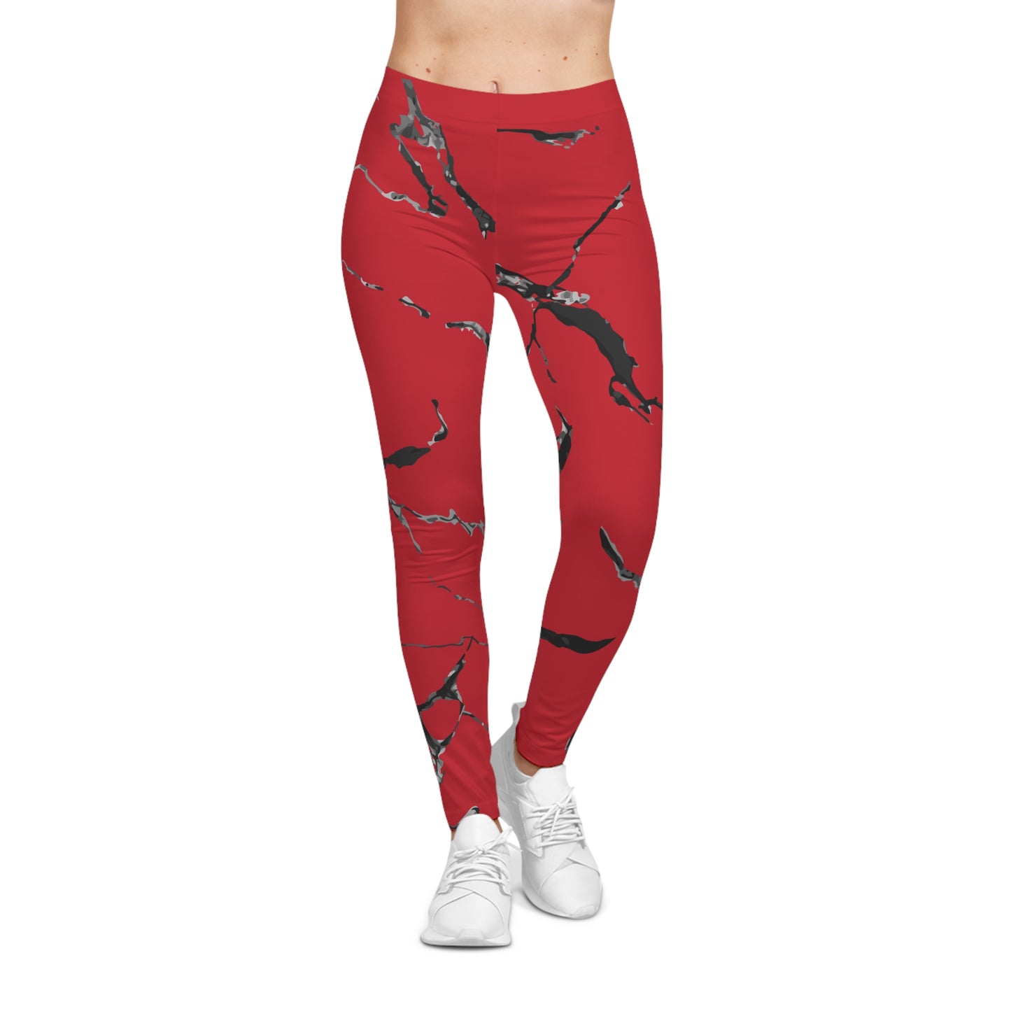 Chic Abstract Red Leggings for Women, Stylish Workout Pants, Fashion Activewear, Fitness Leggings, Red Marble Design, Casual Comfort