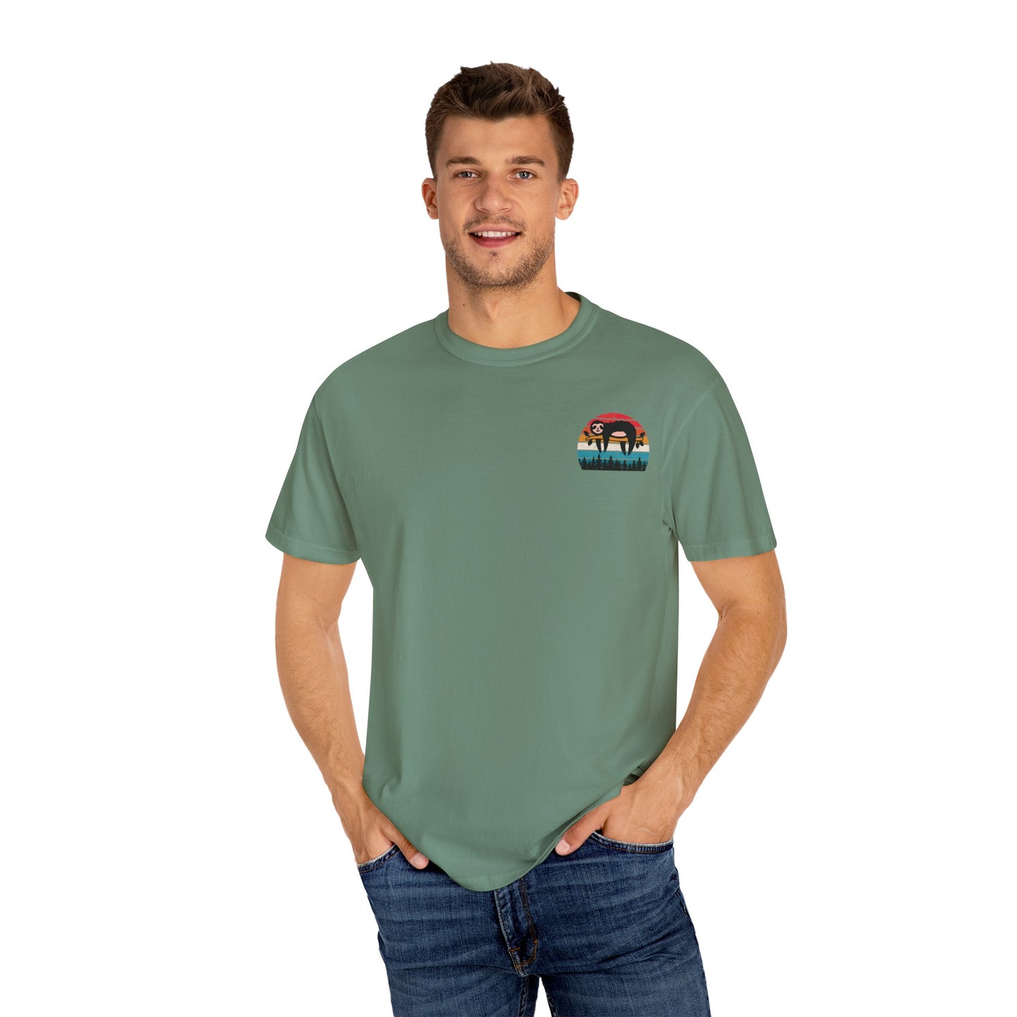 Chill Vibes Unisex Garment-Dyed T-Shirt - Retro Sloth & Sunset Design