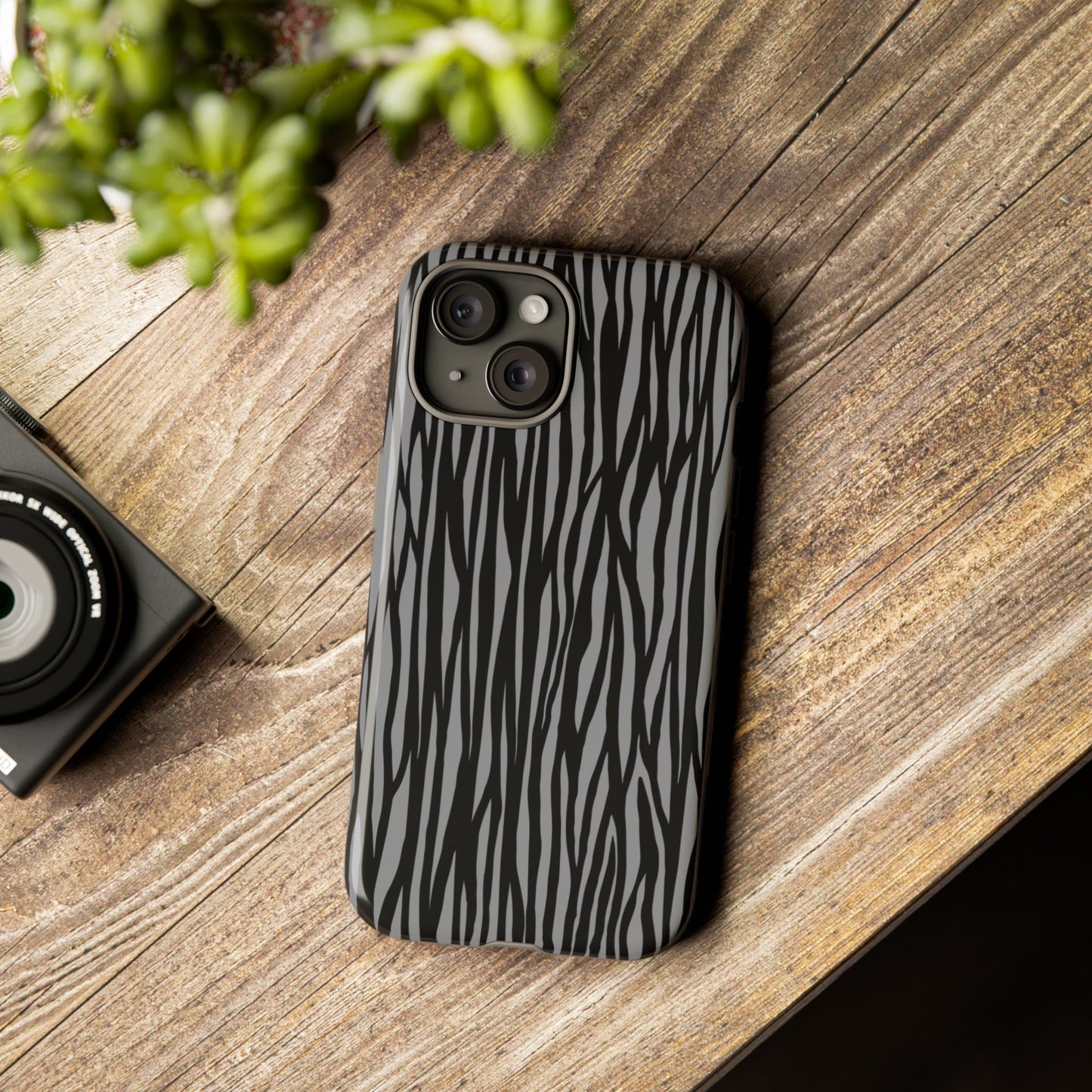 Stylish Tough Phone Case - Black and Gray Striped Design