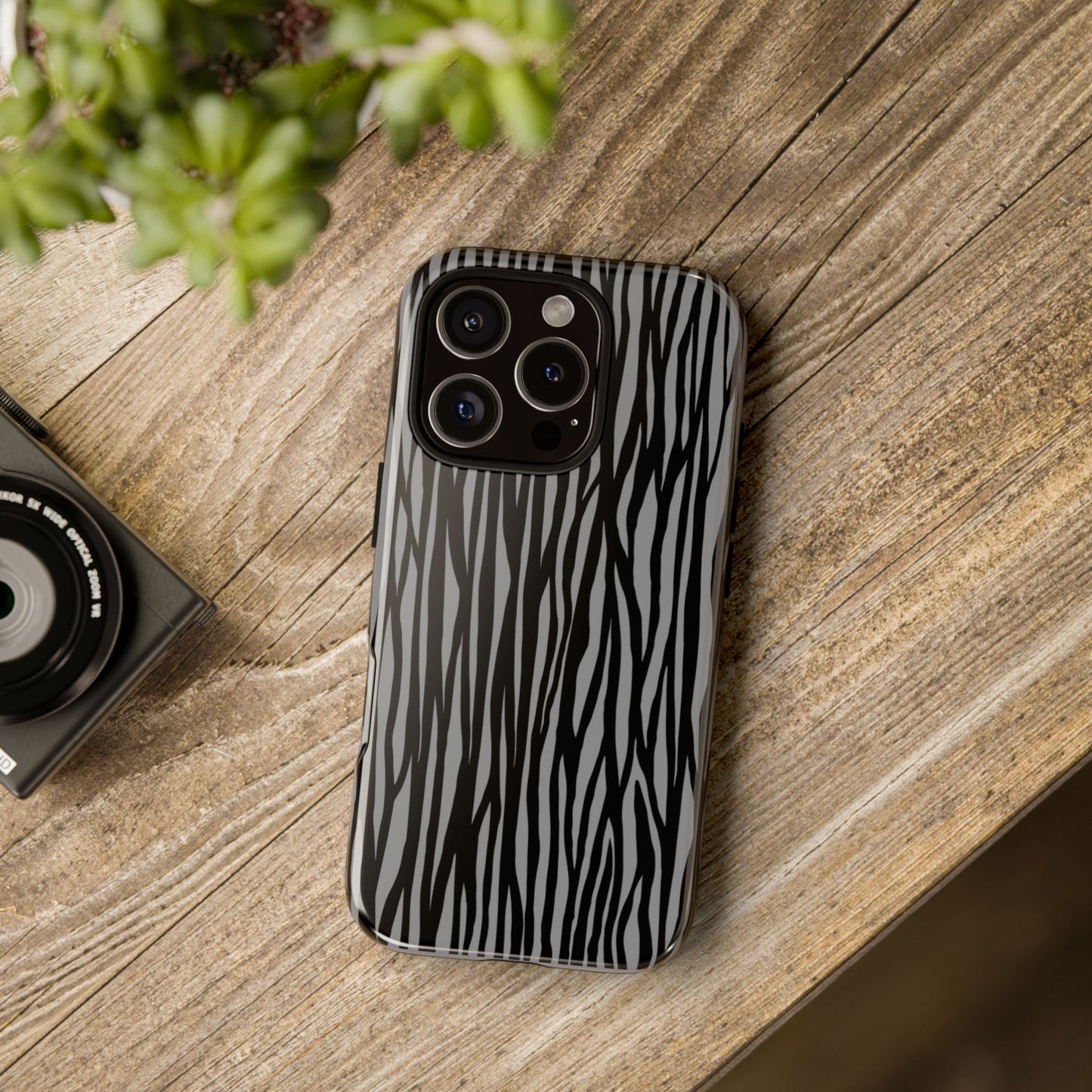 Stylish Tough Phone Case - Black and Gray Striped Design