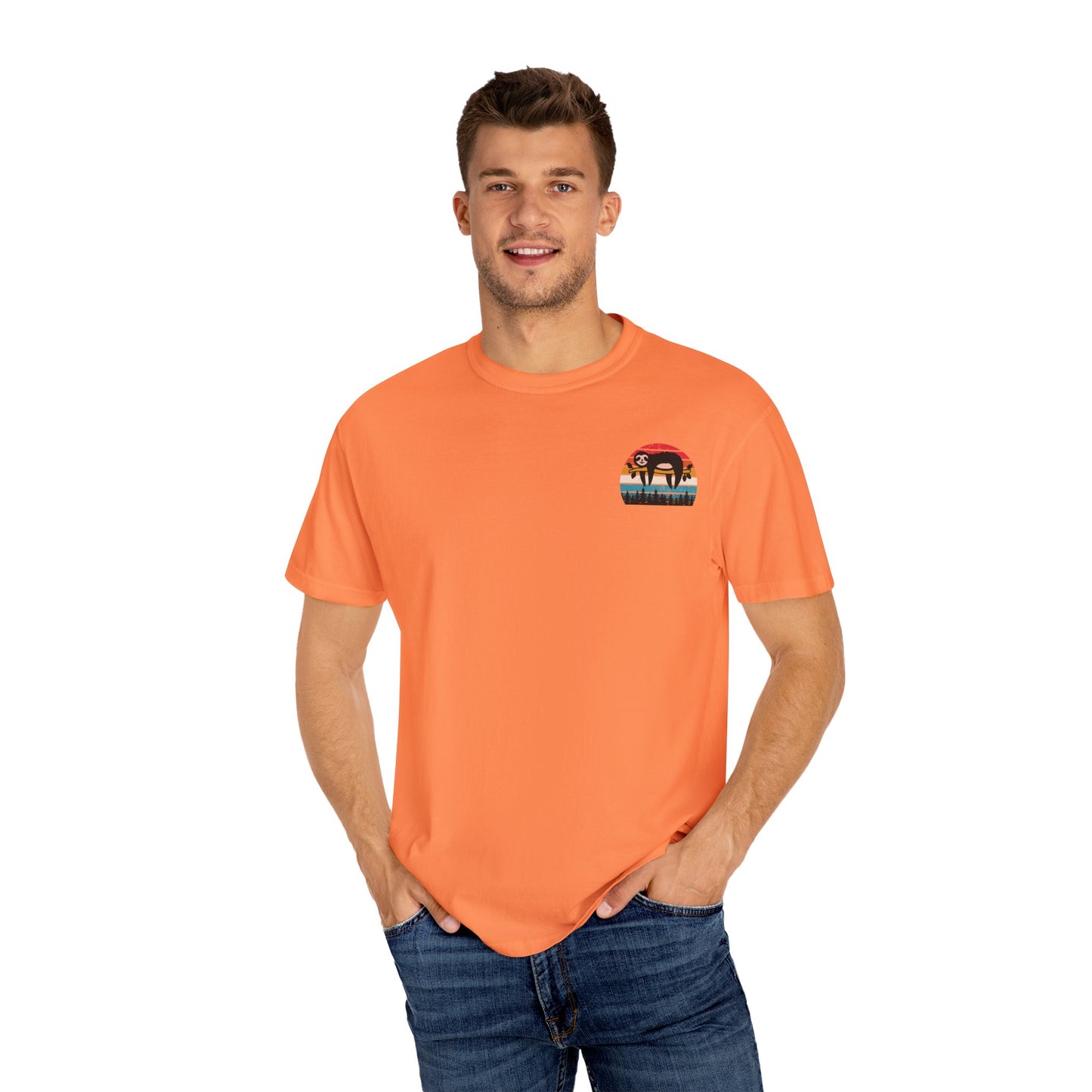 Chill Vibes Unisex Garment-Dyed T-Shirt - Retro Sloth & Sunset Design