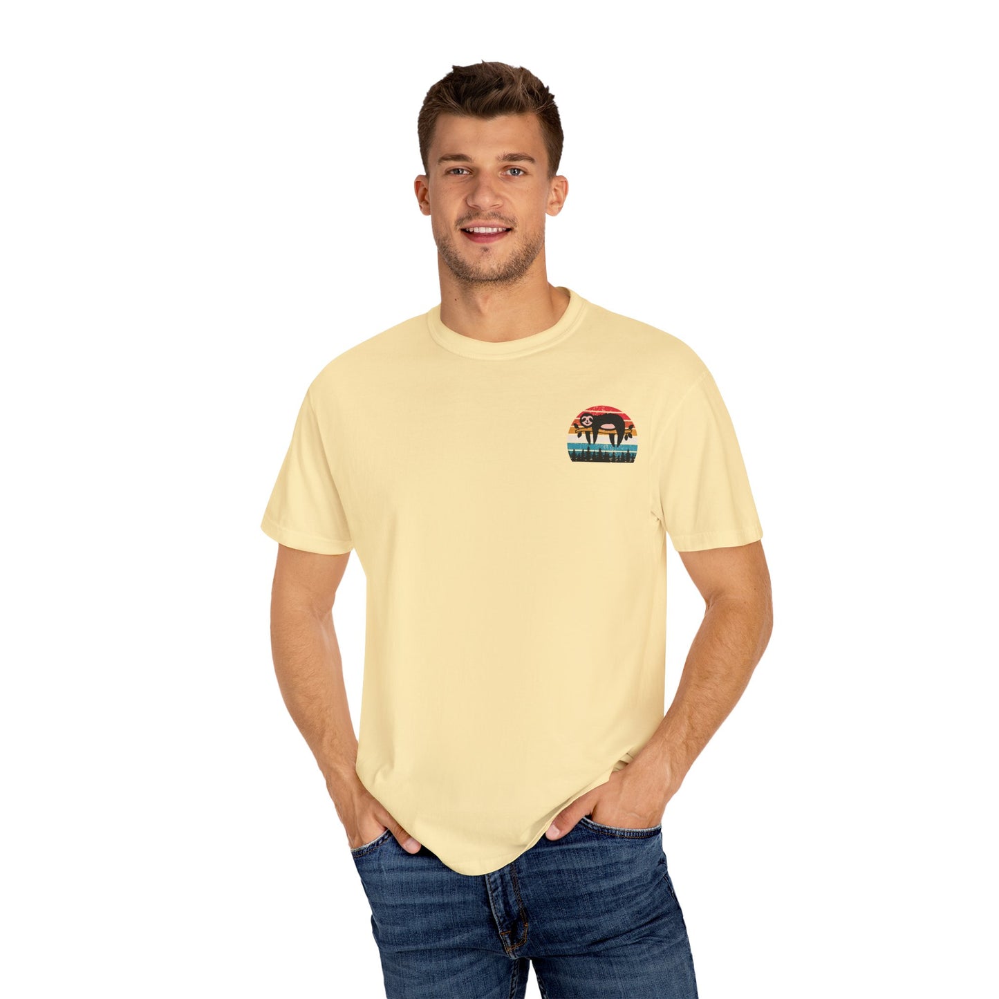 Chill Vibes Unisex Garment-Dyed T-Shirt - Retro Sloth & Sunset Design