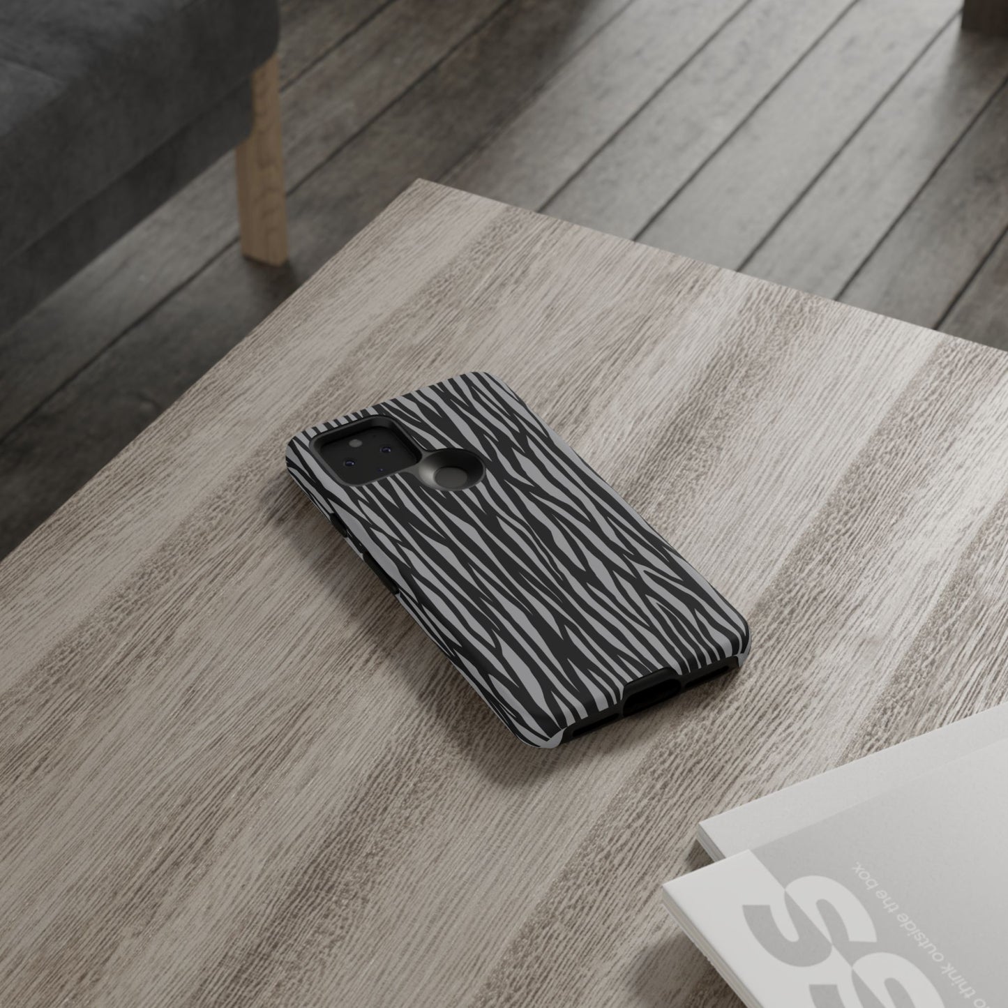 Stylish Tough Phone Case - Black and Gray Striped Design