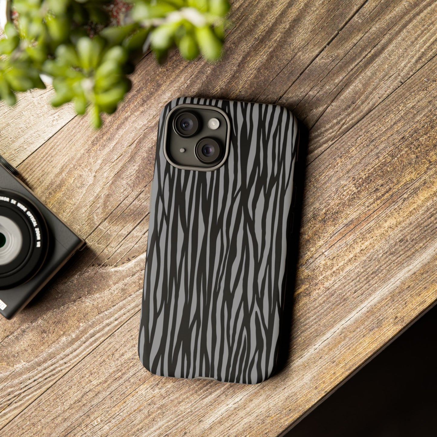 Stylish Tough Phone Case - Black and Gray Striped Design