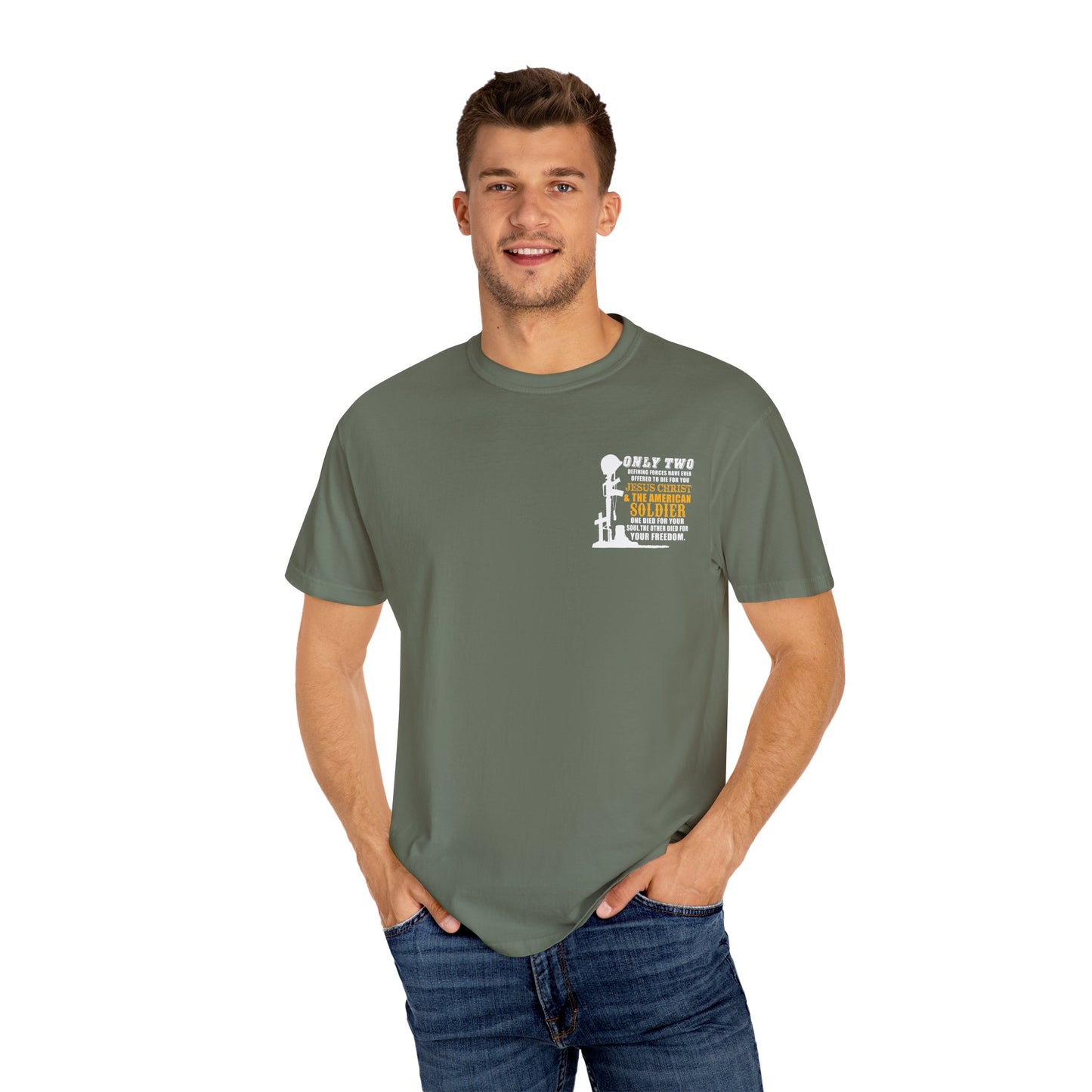 Inspirational Unisex Garment-Dyed T-Shirt - Jesus Christ & American Soldier Design