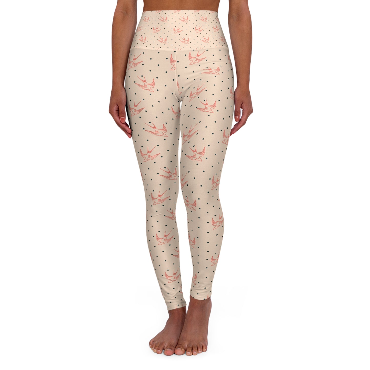 High Waisted Yoga Leggings with Elegant Swallow Print