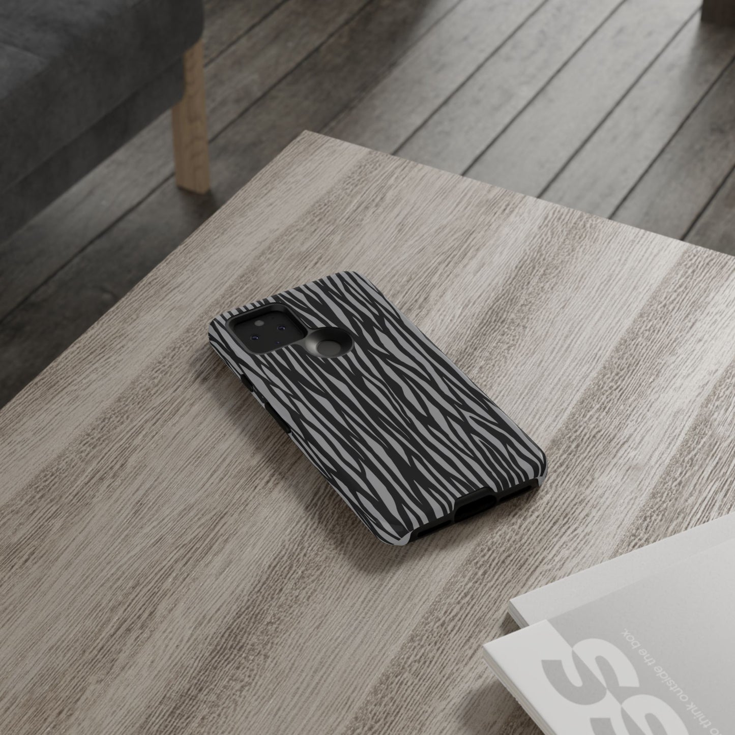 Stylish Tough Phone Case - Black and Gray Striped Design