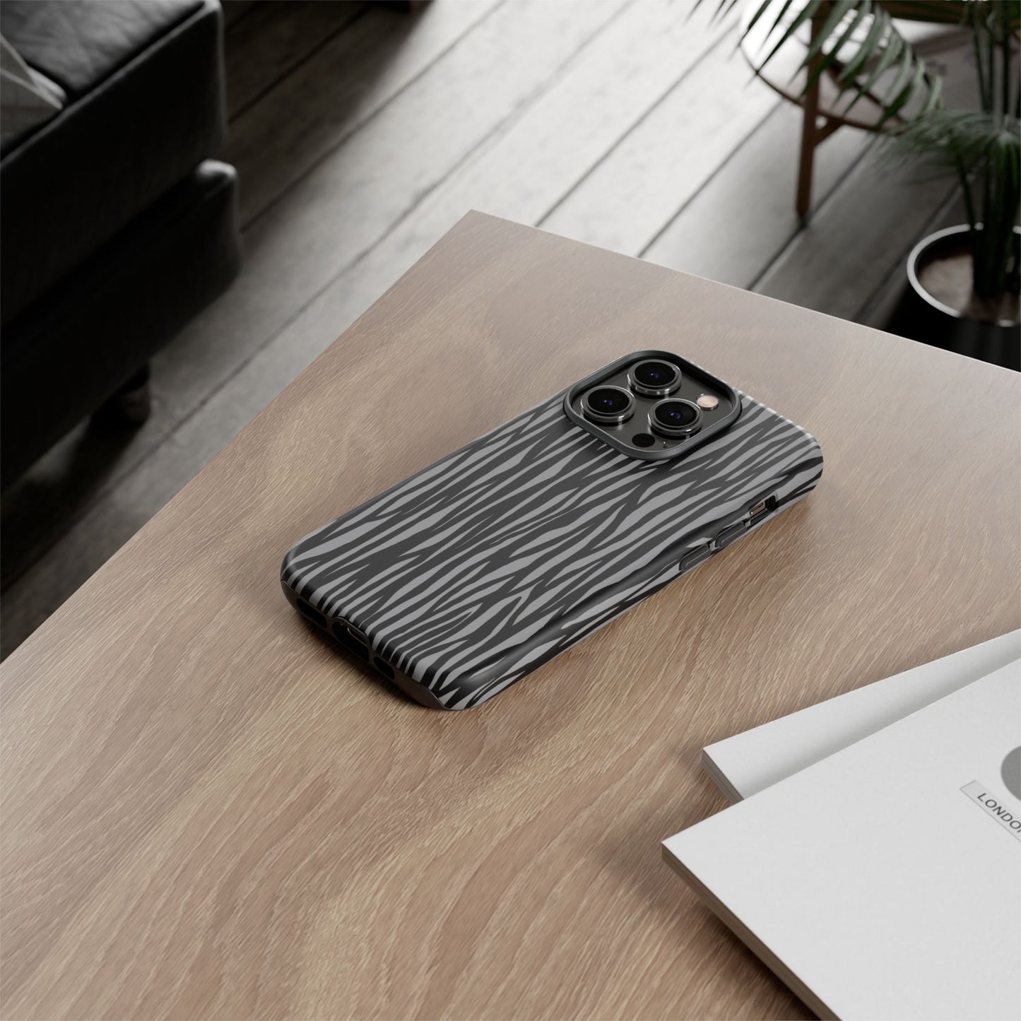 Stylish Tough Phone Case - Black and Gray Striped Design