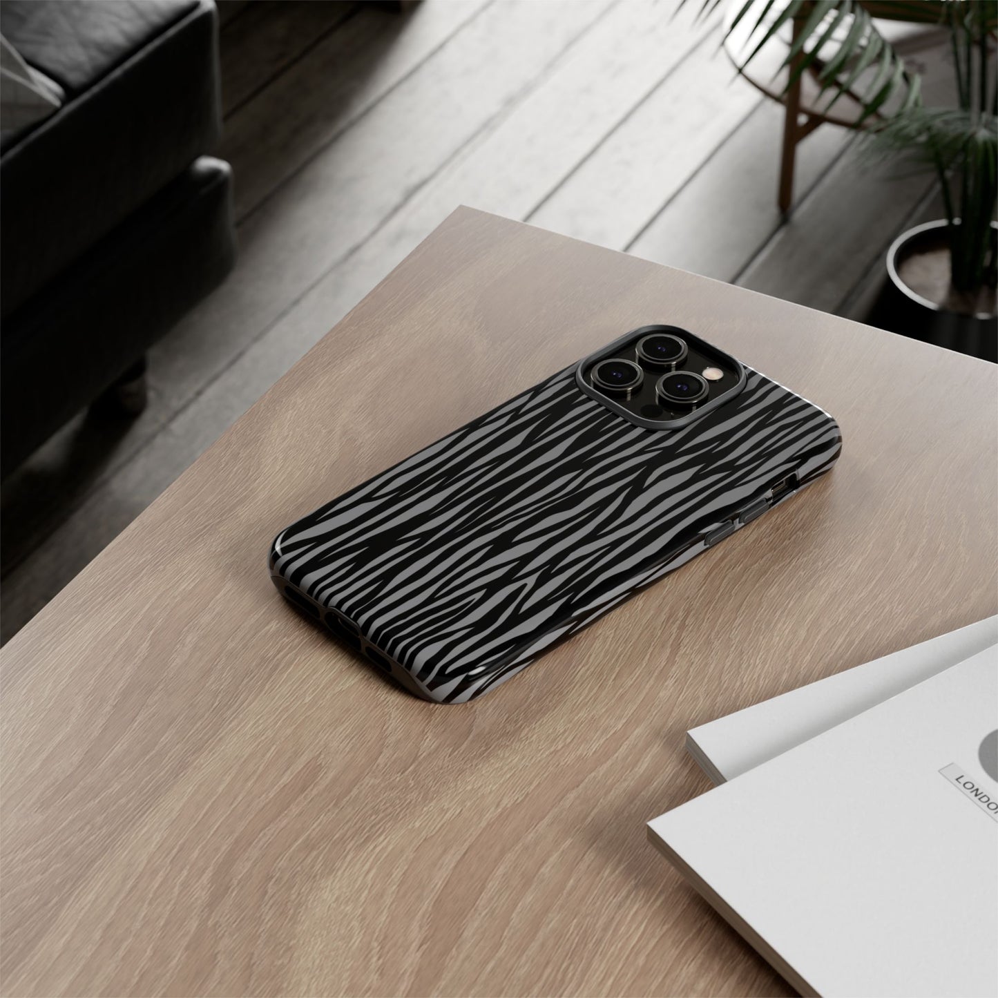 Stylish Tough Phone Case - Black and Gray Striped Design