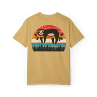 Chill Vibes Unisex Garment-Dyed T-Shirt - Retro Sloth & Sunset Design
